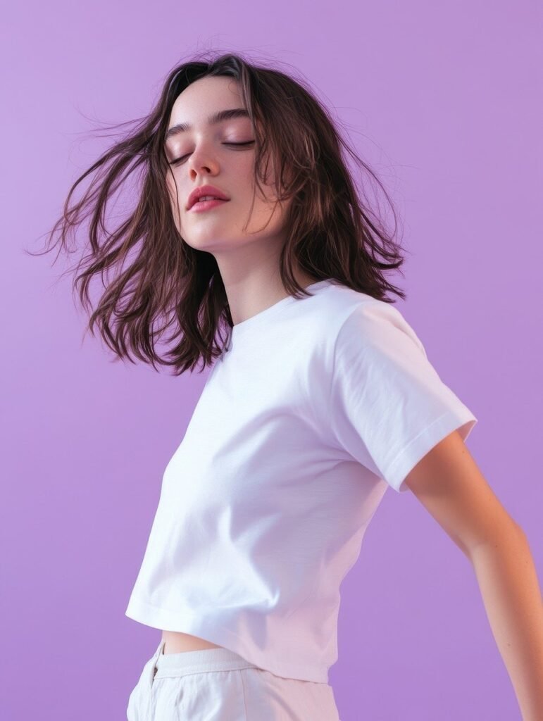 t-shirt, women's t-shirt, white t-shirt, fashion, portrait, lifestyle, model, hair blowing, pink background, creative photography, teen, casual wear, simple clothing, urban fashion, trend, personal statement, beauty, moving hair, t-shirt design